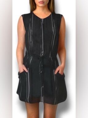 ALC Black Sleeveless Striped Drawstring Dress